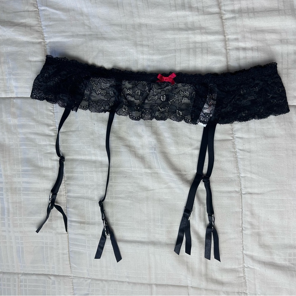 Black Lace garter belt with small red bow